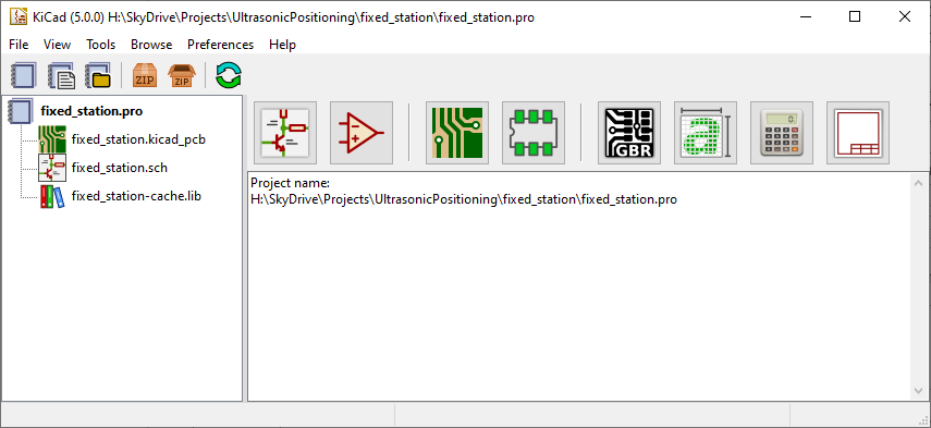 KiCad basic window.  The icon row from left to right corresponds to Eeschema (schematic and component editors), Pcbnew ( board and footprint editors), GerbView, Bitmap2Component, PCB Calculator, and Pl Editor.